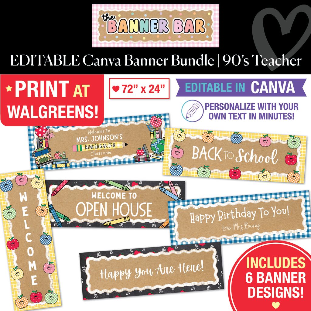 Editable Canva Walgreens Compatible Kraft Style Banner Bundle | 90s Teacher