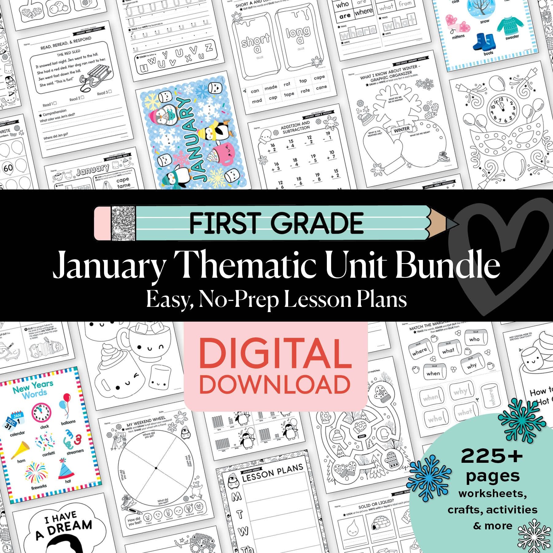 Printable First Grade January Thematic Unit Bundle