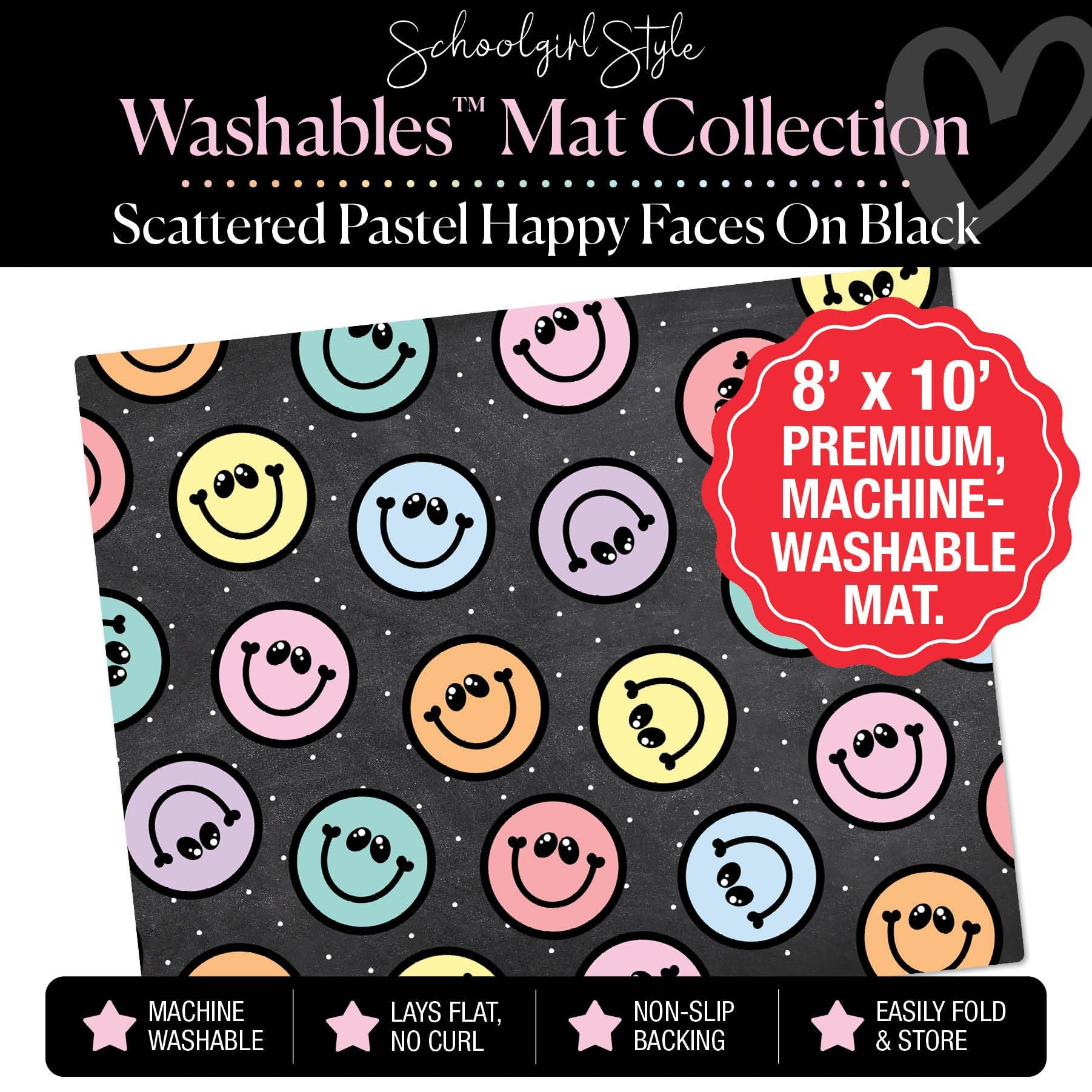 Scattered Pastel Happy Faces on Black Classroom Mat by Schoolgirl Style