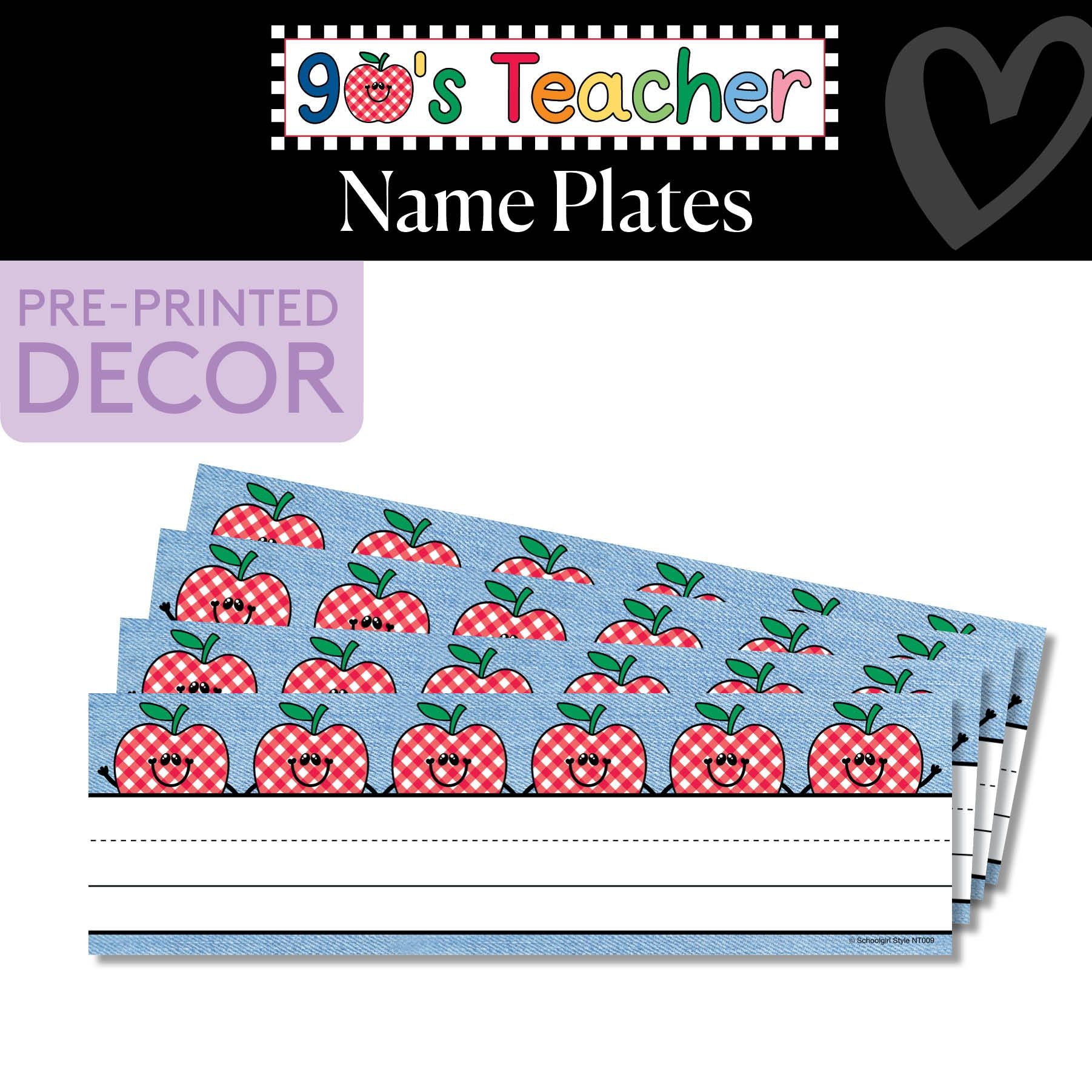 Denim with Gingham Apples Retro Name Plates | 90s Teacher