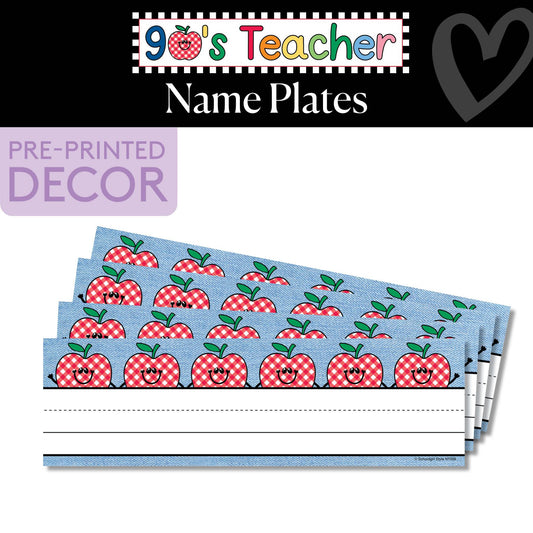 Denim with Gingham Apples Retro Name Plates | 90s Teacher