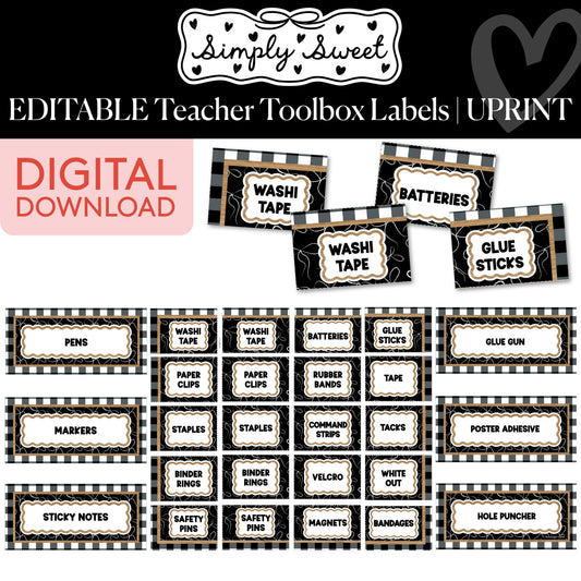 Printable Classic Black and White Editable Teacher Toolbox Labels | Simply Sweet