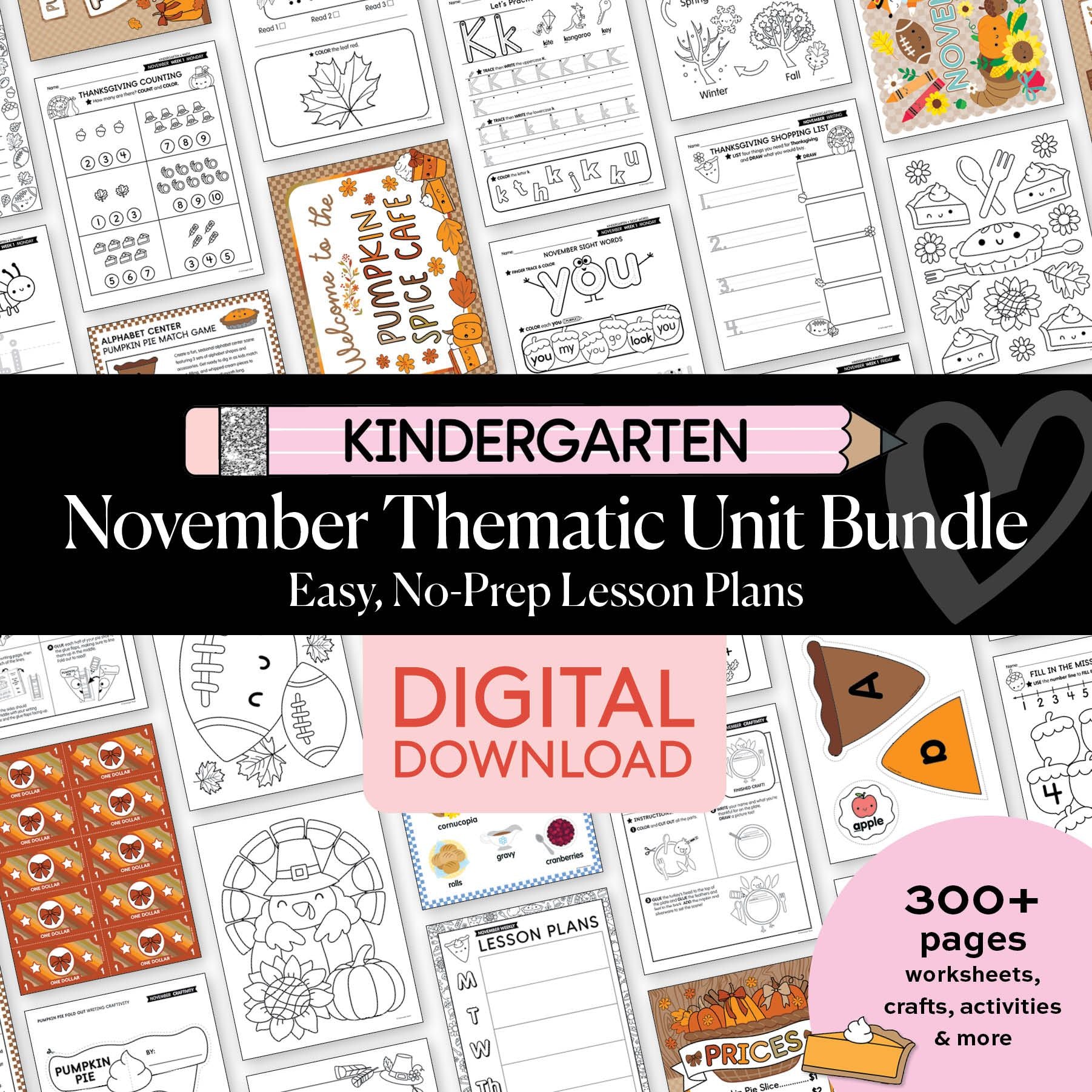 Printable Kindergarten November Thematic Unit Bundle