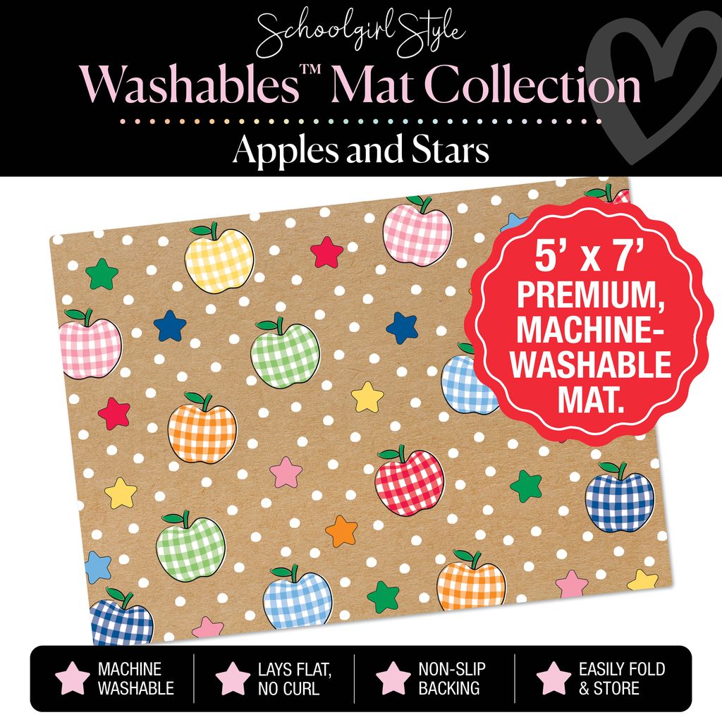 Checkerboard Apples and Stars on Banner Backdrop Classroom Mat by Schoolgirl Style