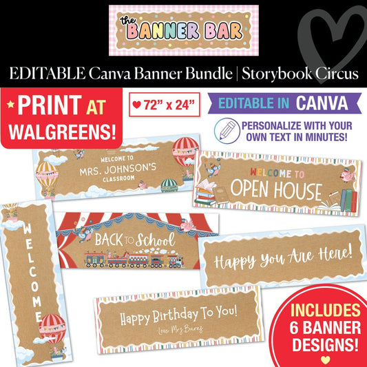 Editable Canva Walgreens Compatible Kraft Style Banner Bundle | Storybook Circus