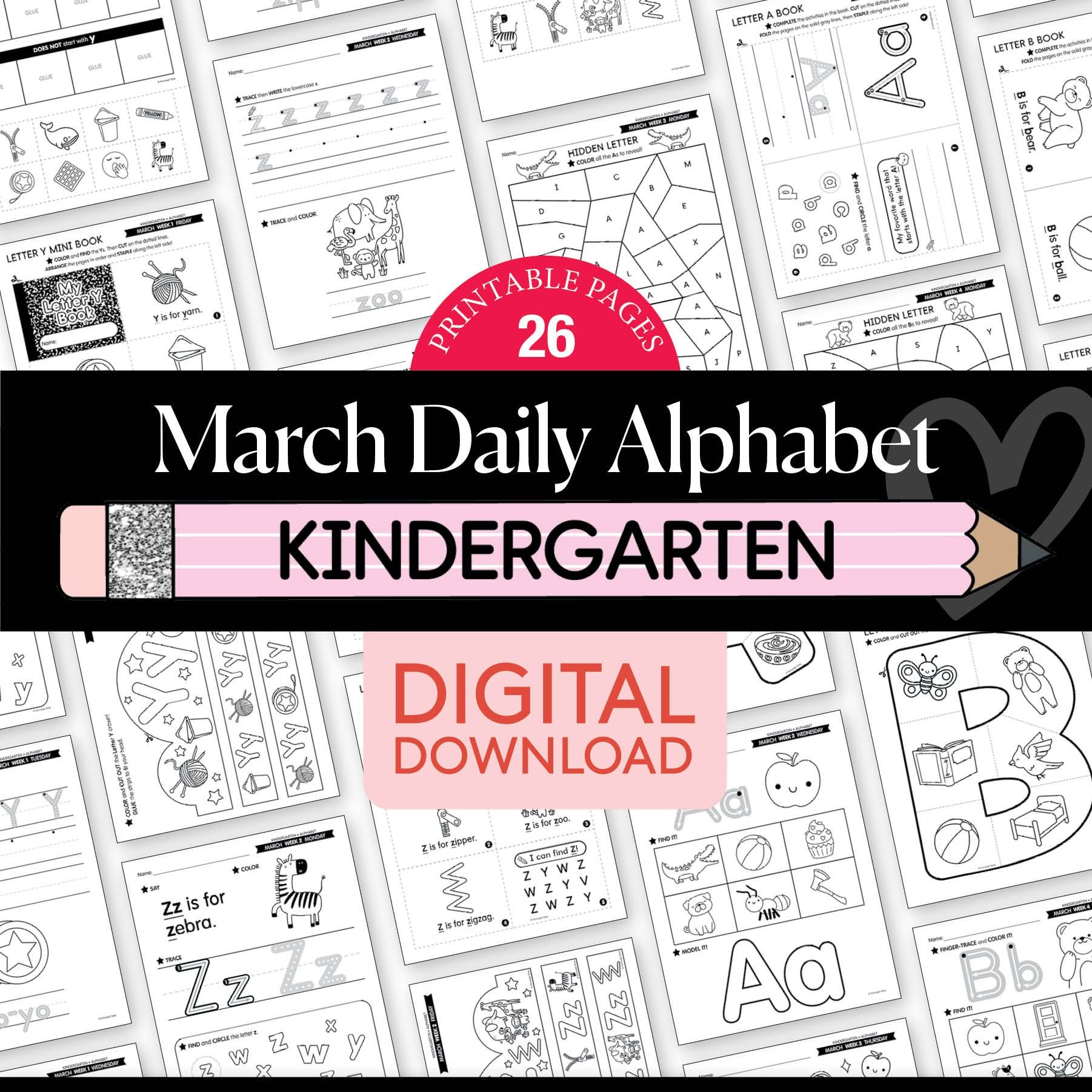 Printable Kindergarten March Daily Alphabet (Y, Z, & Full Alphabet Review)