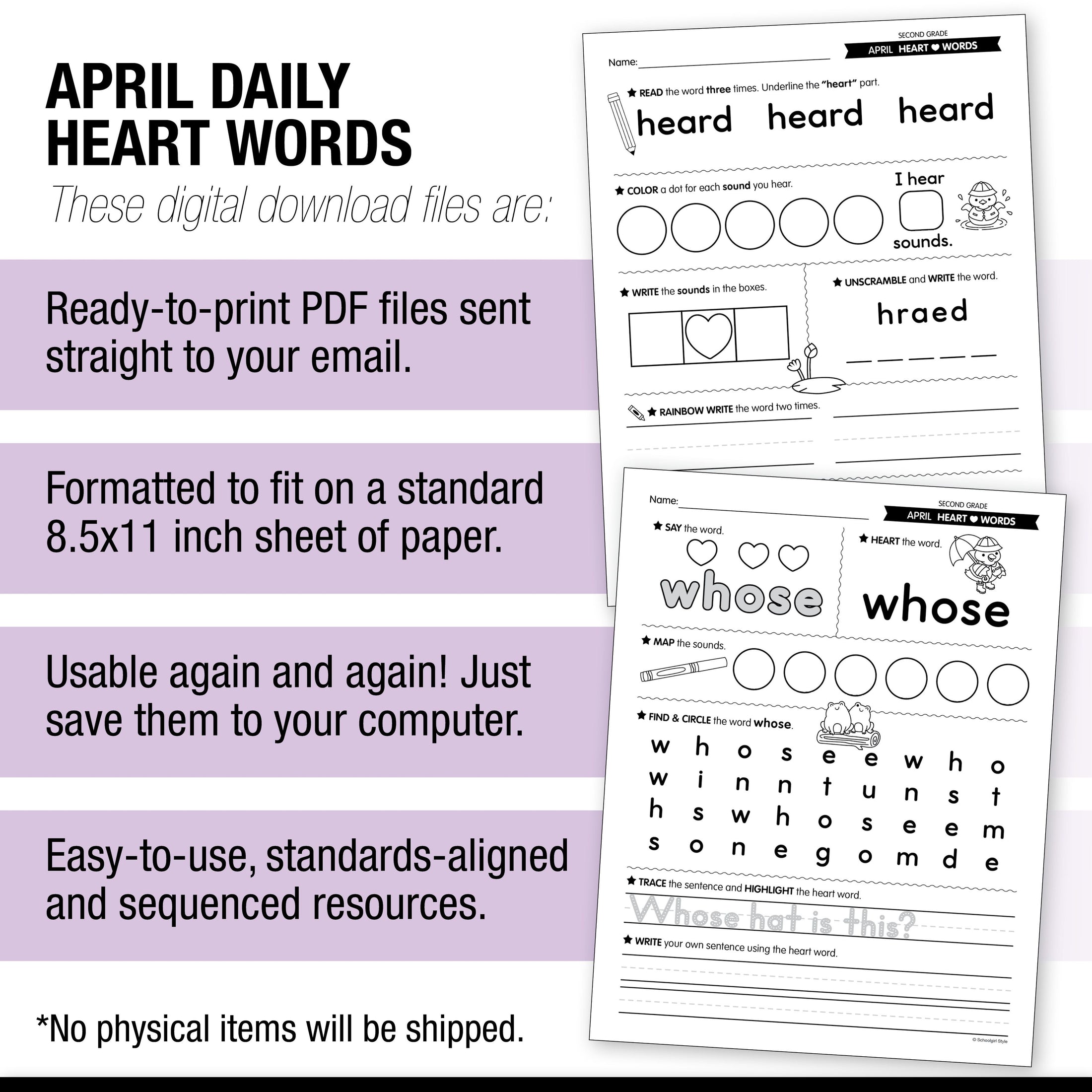 Printable Second Grade April Daily Heart Words