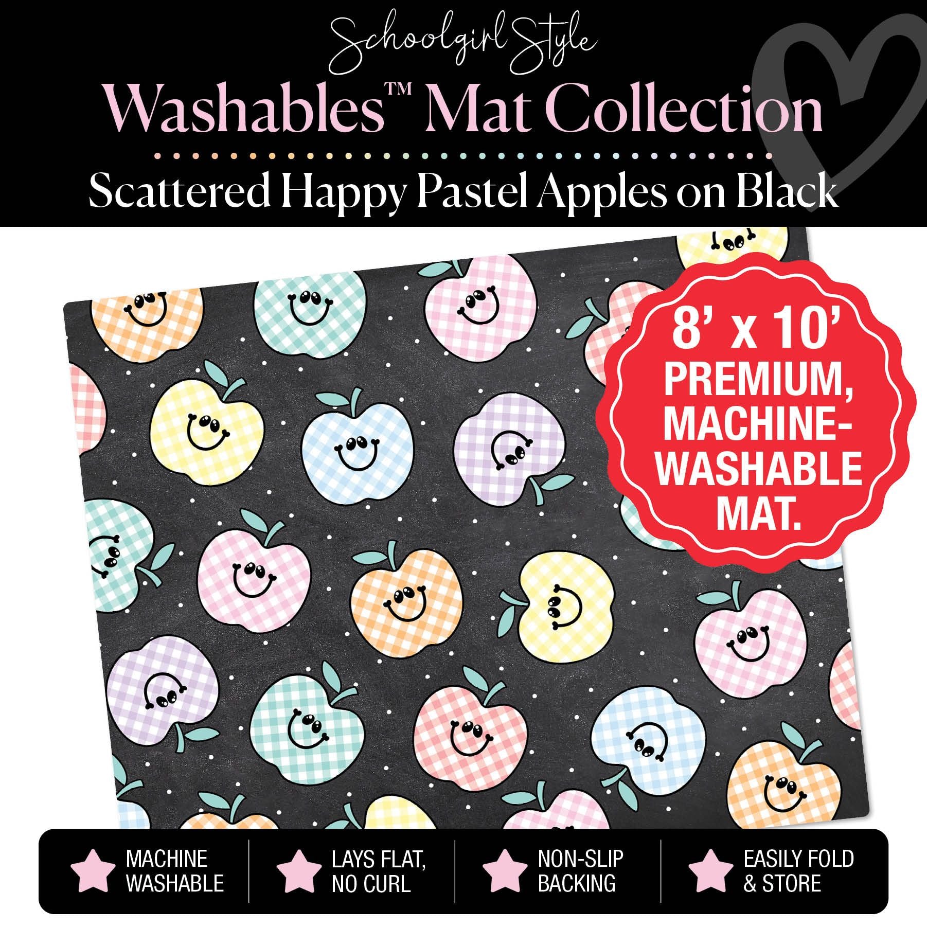 Scattered Happy Pastel Apples on Black Classroom Mat by Schoolgirl Style