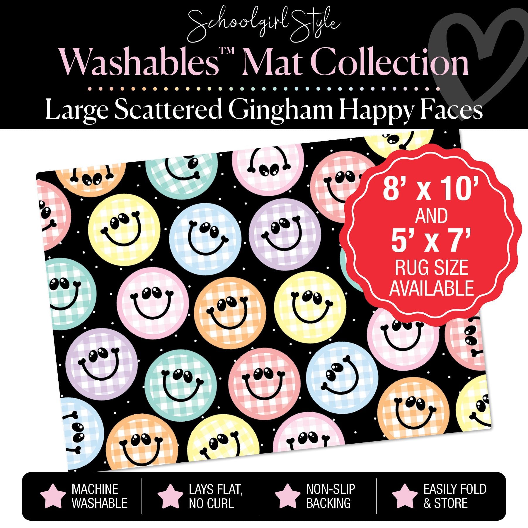 Large Scattered Gingham Pastel Happy Faces Classroom Rug by Schoolgirl Style