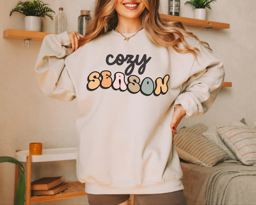 "Cozy Season" Sweatshirt in white pink green tan by UPRINT