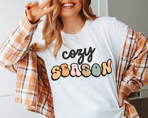 Cozy Season Teacher T-Shirt | Available in white, pink, green and tan