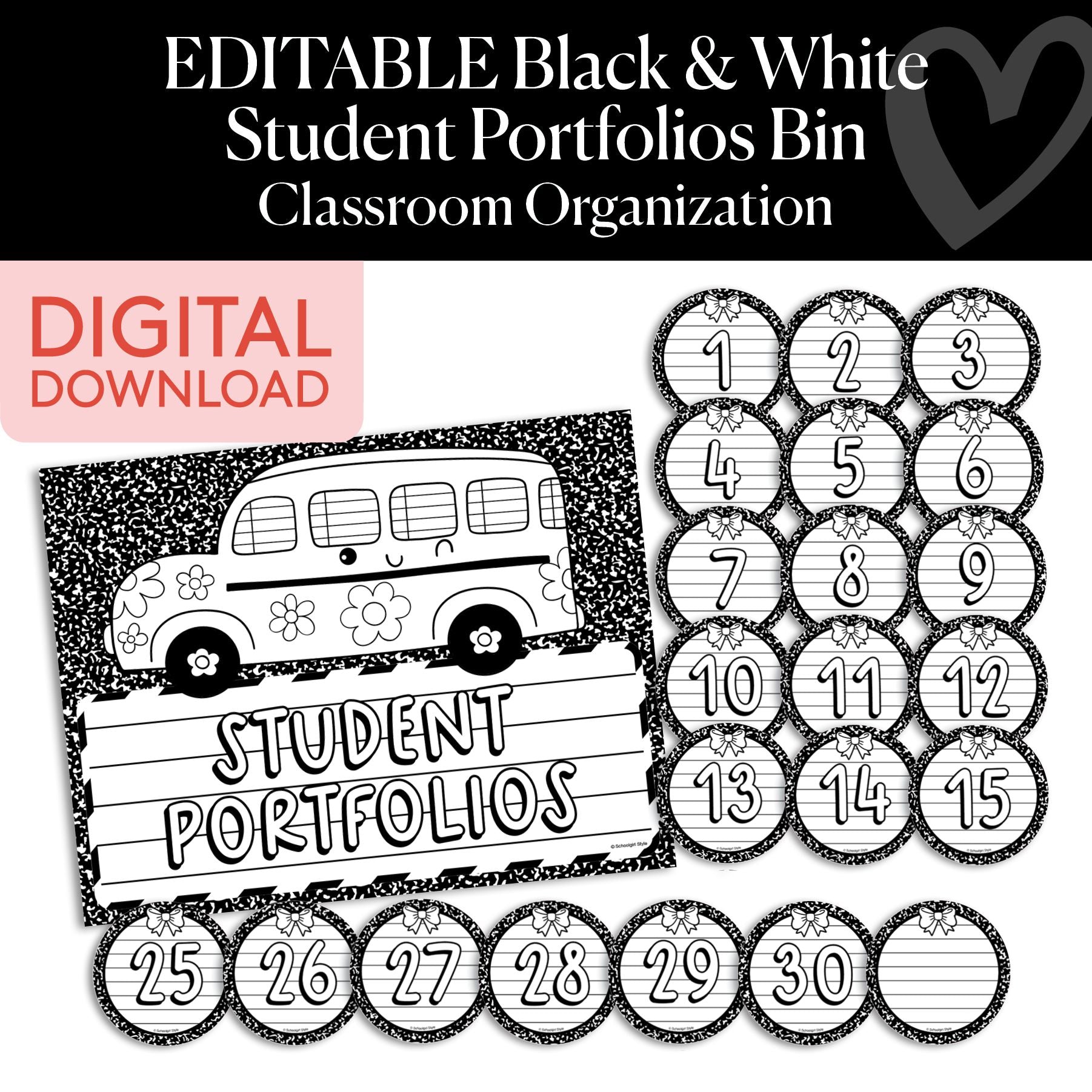 Printable Black and White Editable Student Portfolios