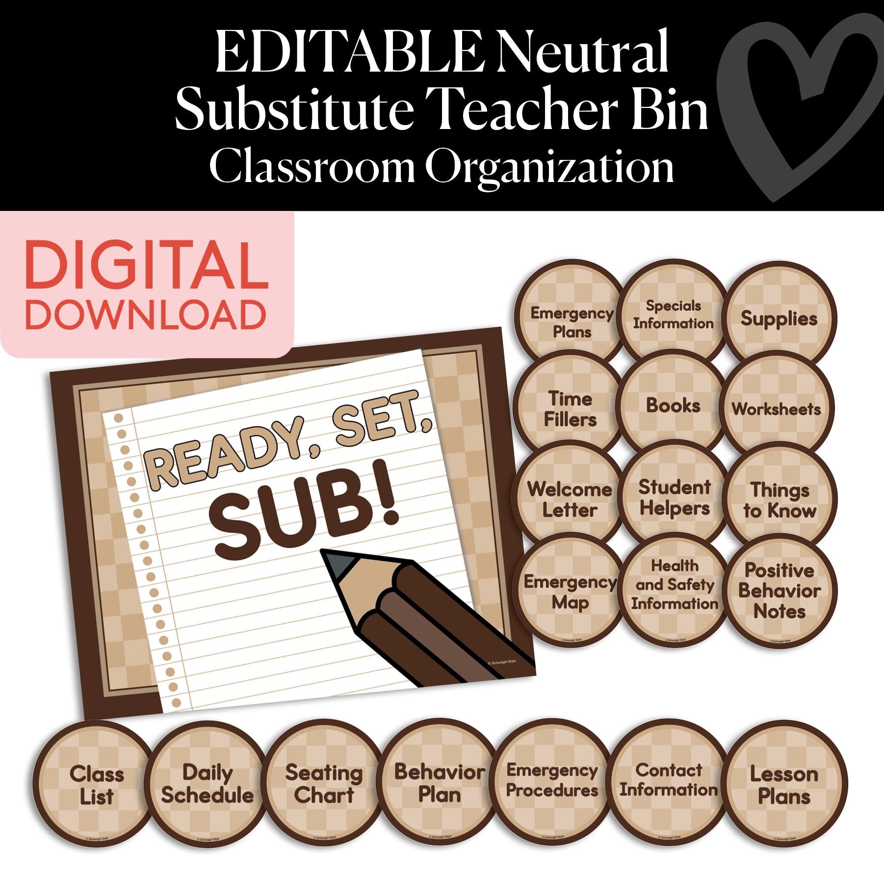 Printable Neutral Editable Substitute Teacher Bin