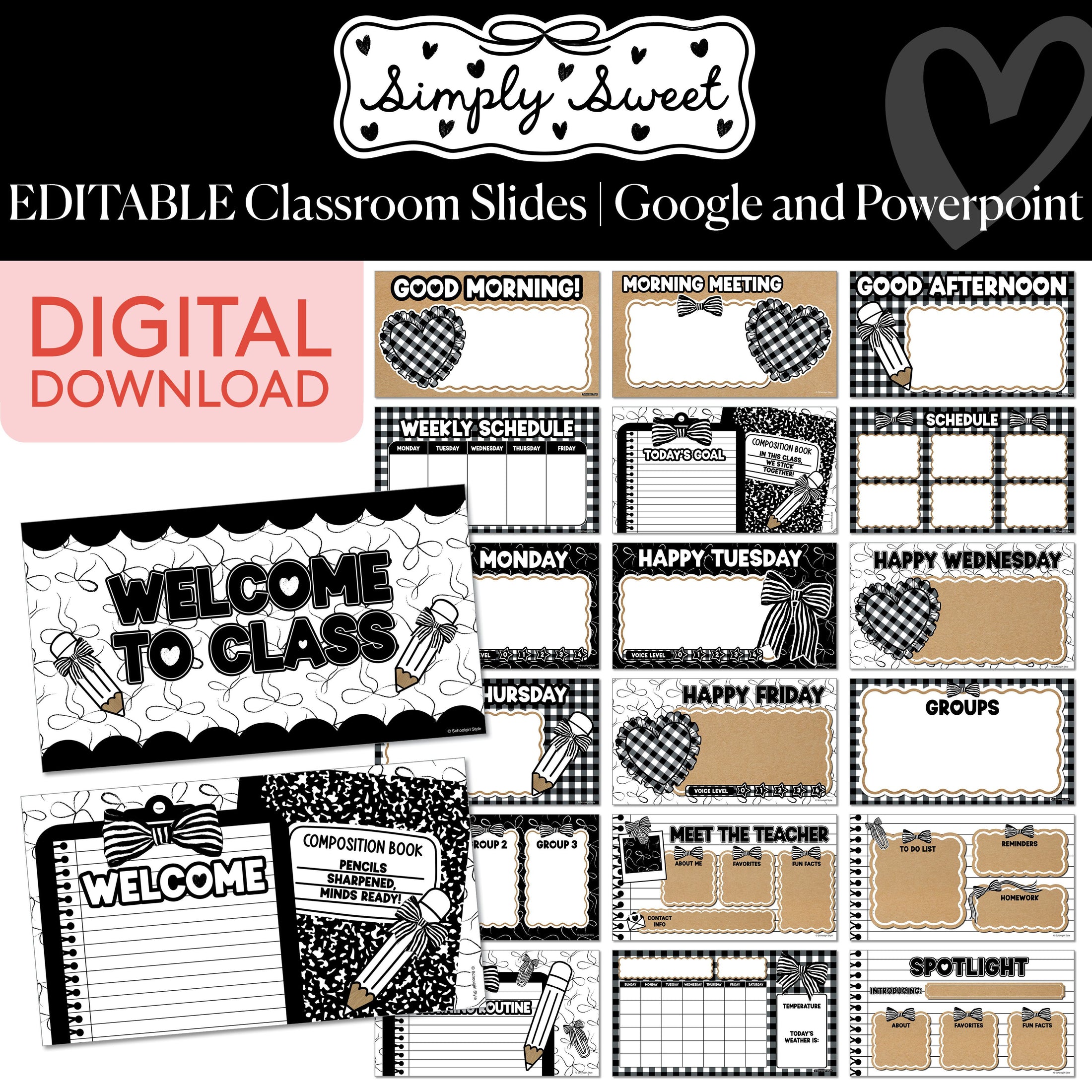 Printable Classic Black and White Editable Google and PowerPoint Classroom Slides | Simply Sweet