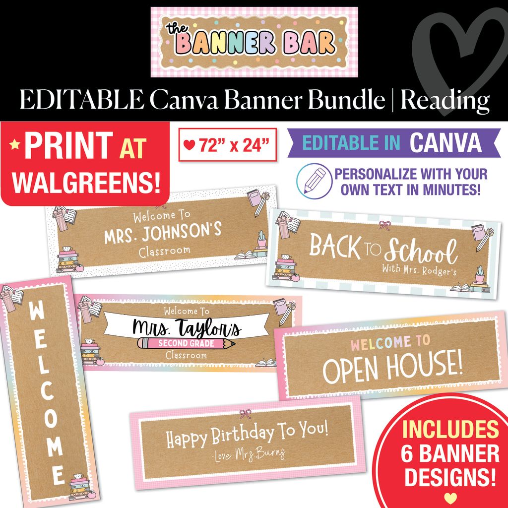 Reading Editable Canva Walgreens Compatible Kraft Style Banner Bundle