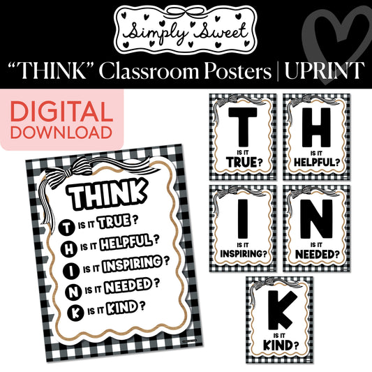 Printable Classic Black and White "THINK" Classroom Posters | Simply Sweet