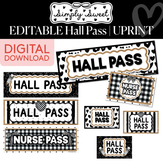 Printable Classic Black and White Editable Hall Pass | Simply Sweet