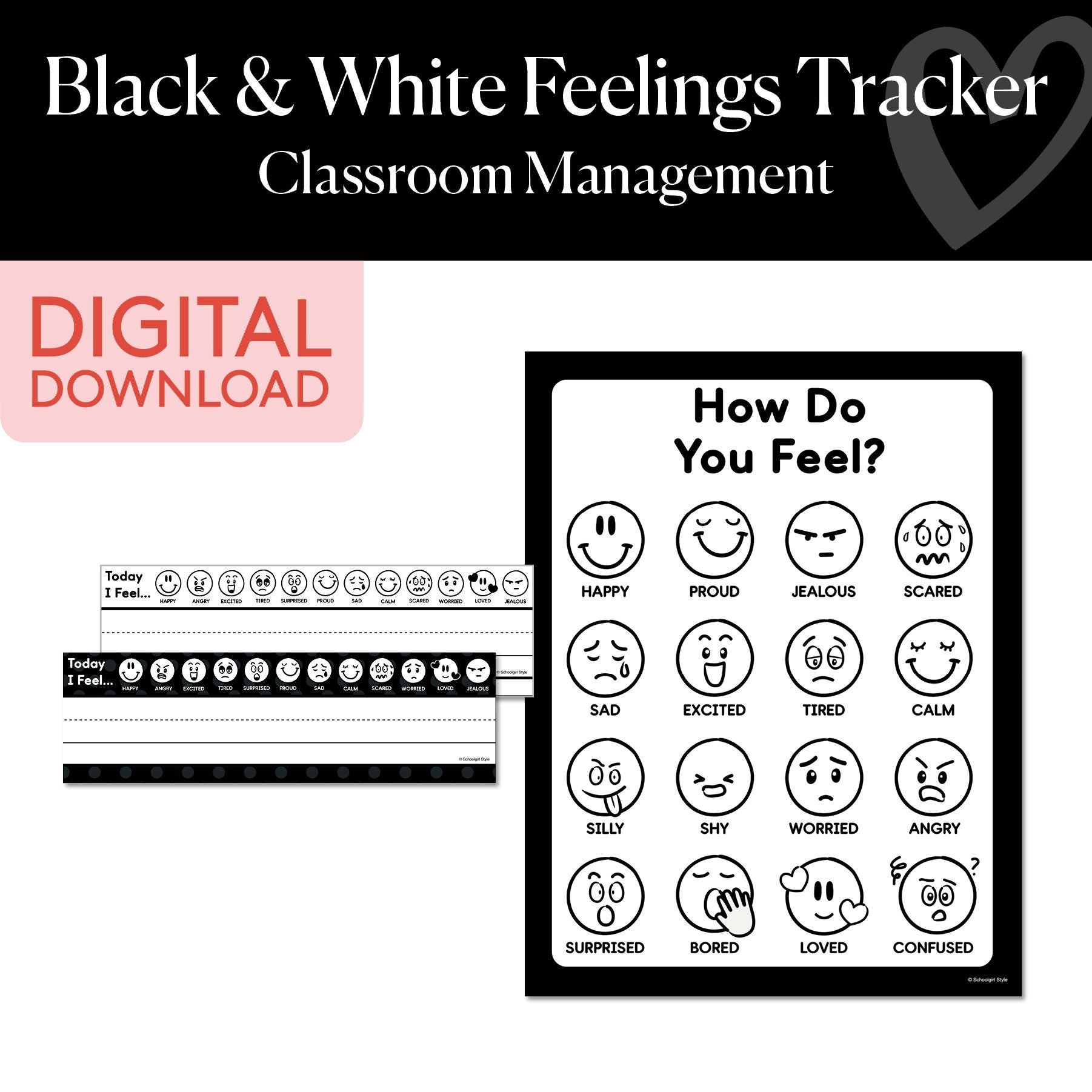 Printable Black and White Feelings Tracker