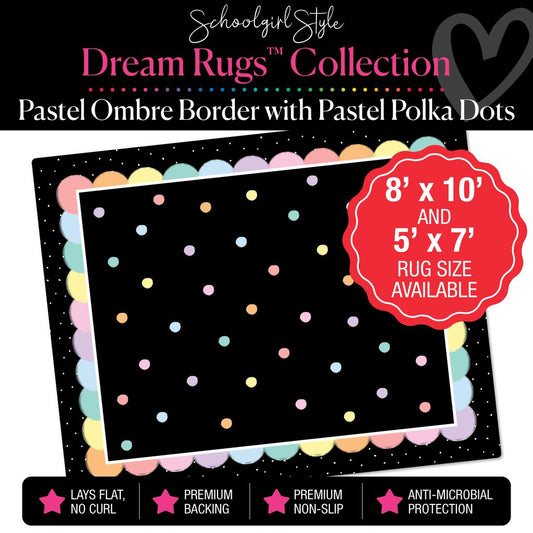 Scattered Pastel Polka Dots with Pastel Ombre Border on Black Background Classroom Rug by Schoolgirl Style