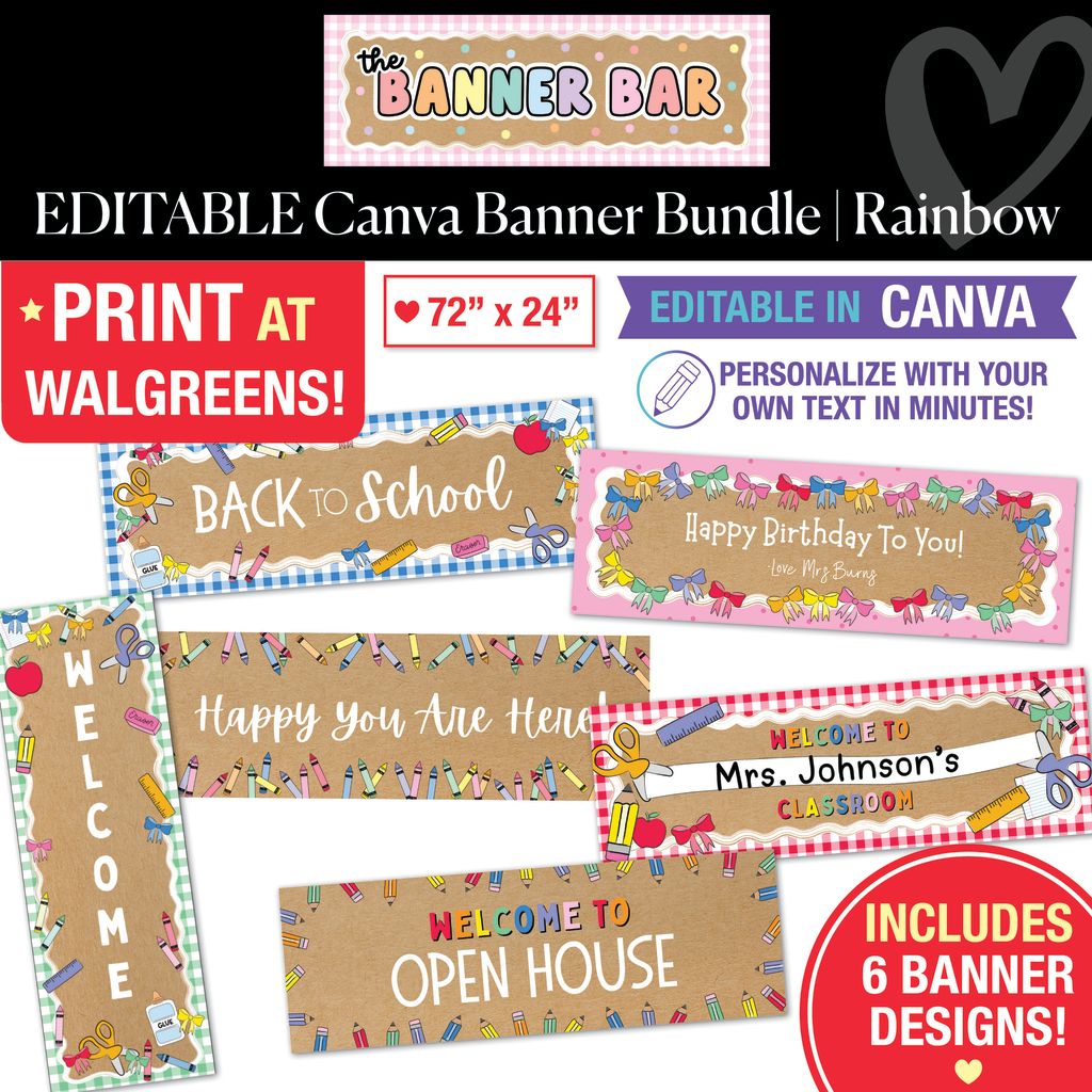 Rainbow Editable Canva Walgreens Compatible Kraft Style Banner Bundle