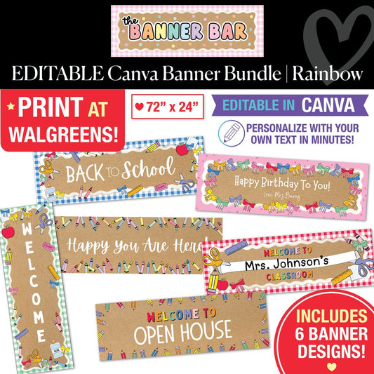 Rainbow Editable Canva Walgreens Compatible Kraft Style Banner Bundle