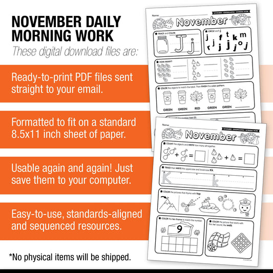 Printable Kindergarten November Daily Morning Work