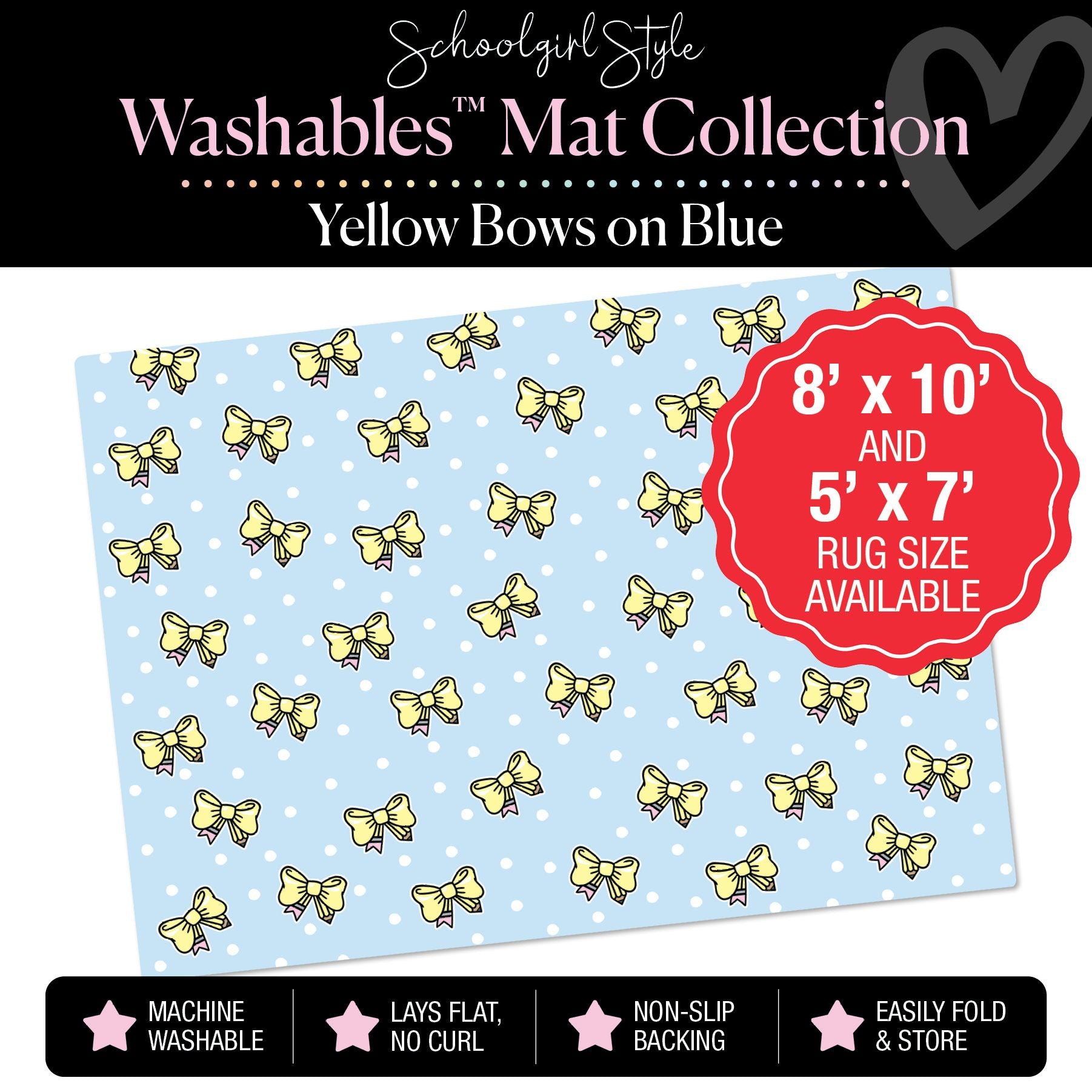 Pencil Bows on Blue Polka Dot Background Classroom Mat by Schoolgirl Style