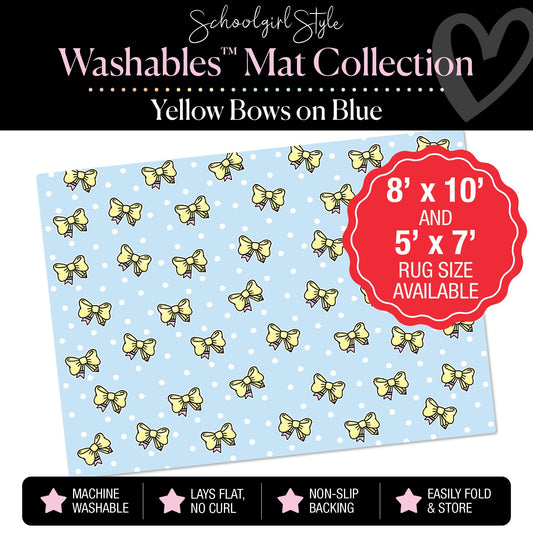 Pencil Bows on Blue Polka Dot Background Classroom Mat by Schoolgirl Style