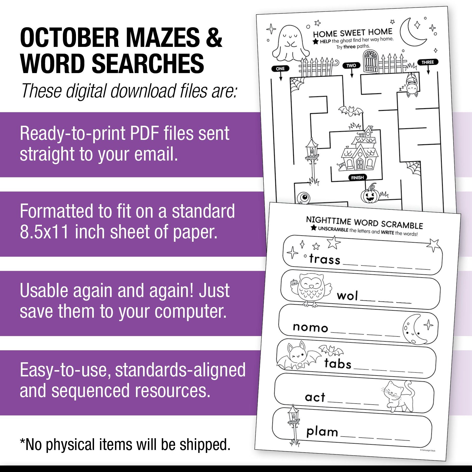 Printable October Mazes and Word Searches