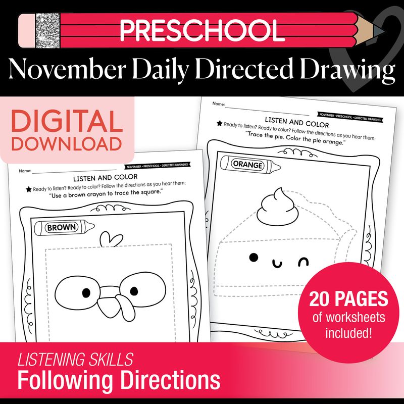 Printable Preschool November Directed Drawing Worksheets