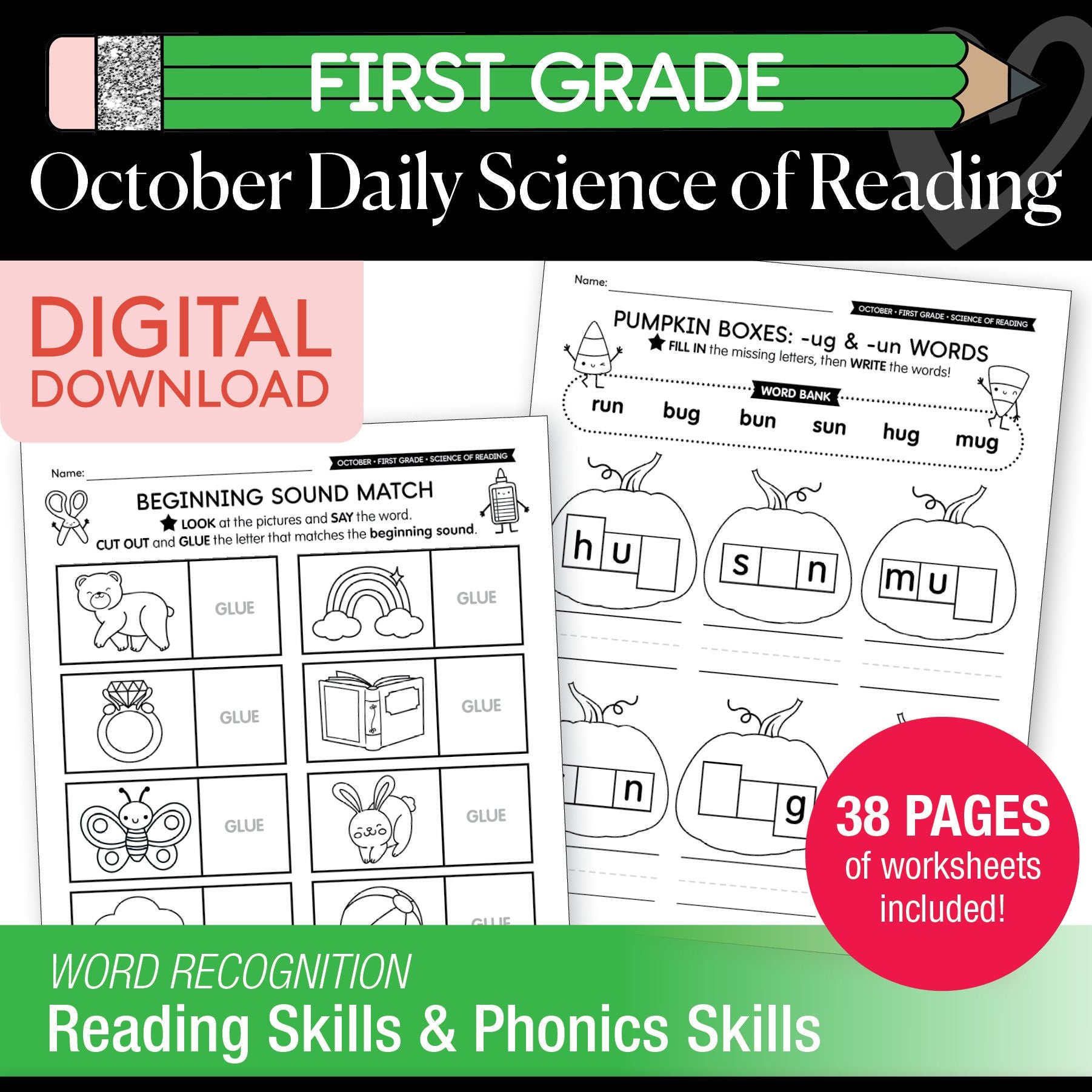 Printable First Grade October Daily Science of Reading Worksheets