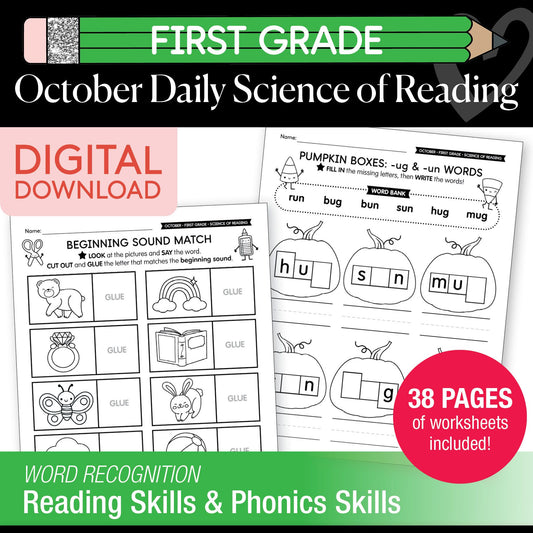 Printable First Grade October Daily Science of Reading Worksheets