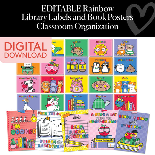 Printable Editable Rainbow Classroom Library Labels and Book Posters