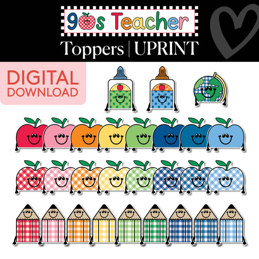 Printable Retro School Supplies Buddies Toppers | 90s Teacher