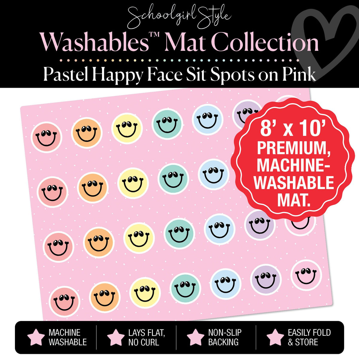 Pastel Happy Faces Sit Spot on Pink Polka Dot Classroom Mat by Schoolgirl Style