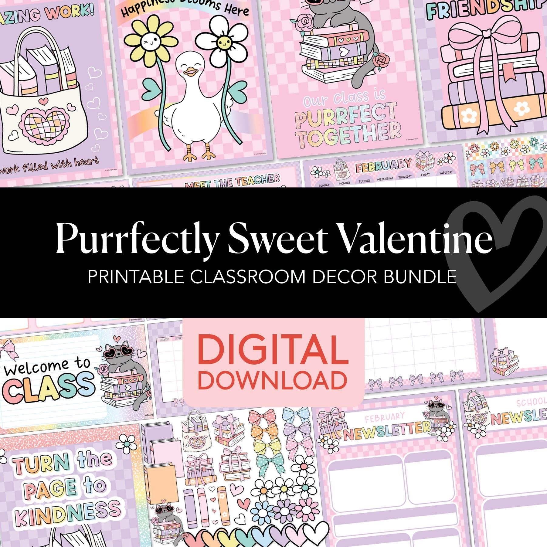 Printable Valentines Classroom Decor Bundle | Purrfectly Sweet Valentine