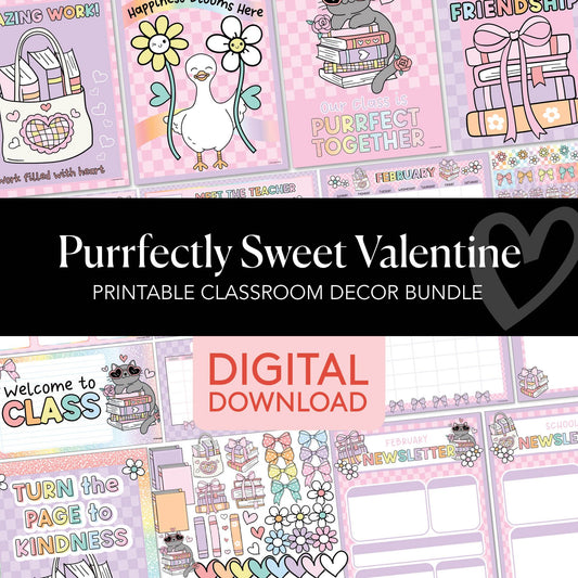 Printable Valentines Classroom Decor Bundle | Purrfectly Sweet Valentine