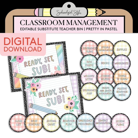 Printable Pastel Editable Substitute Teacher Bin and Forms