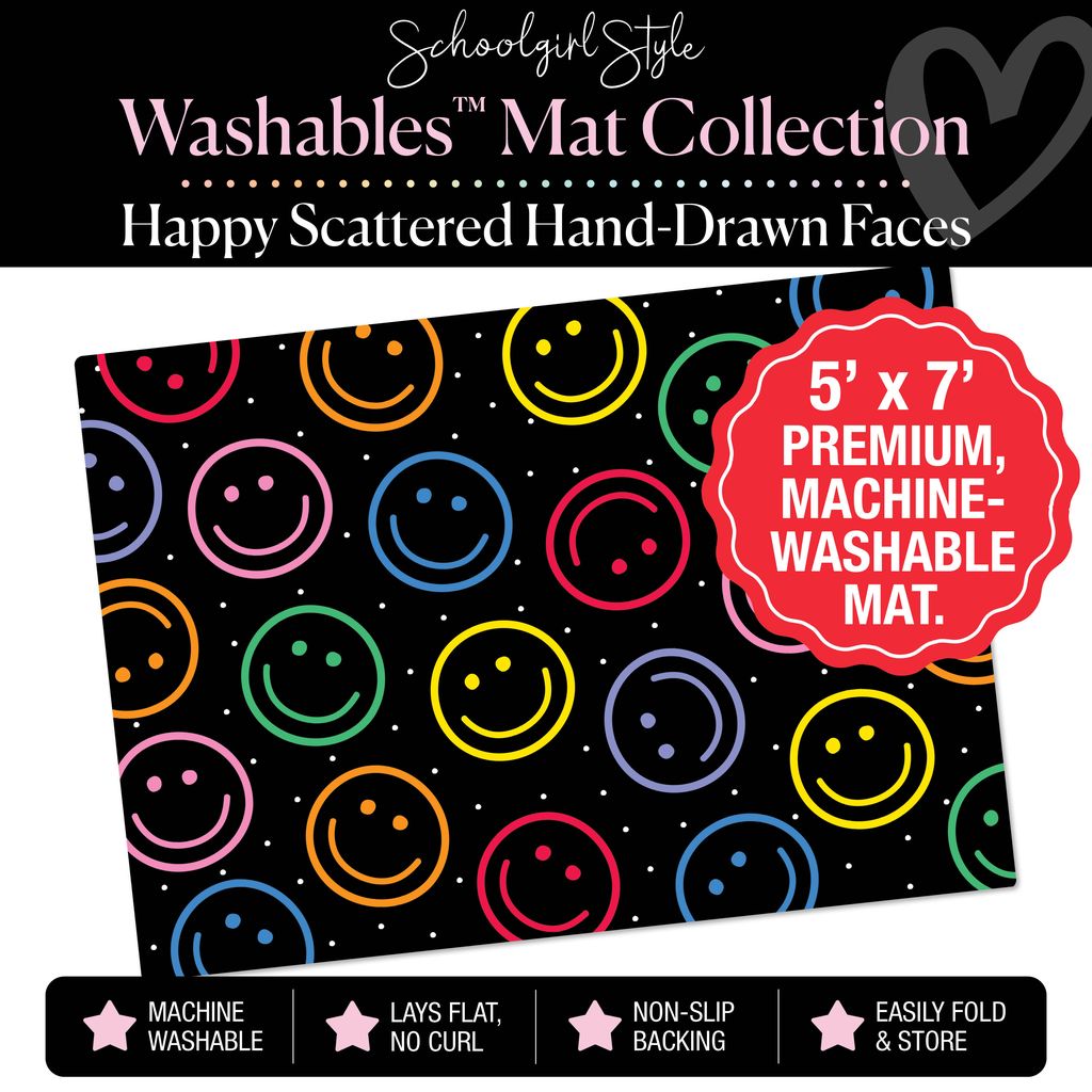 Scattered Rainbow Happy Faces Classroom Mat by Schoolgirl Style