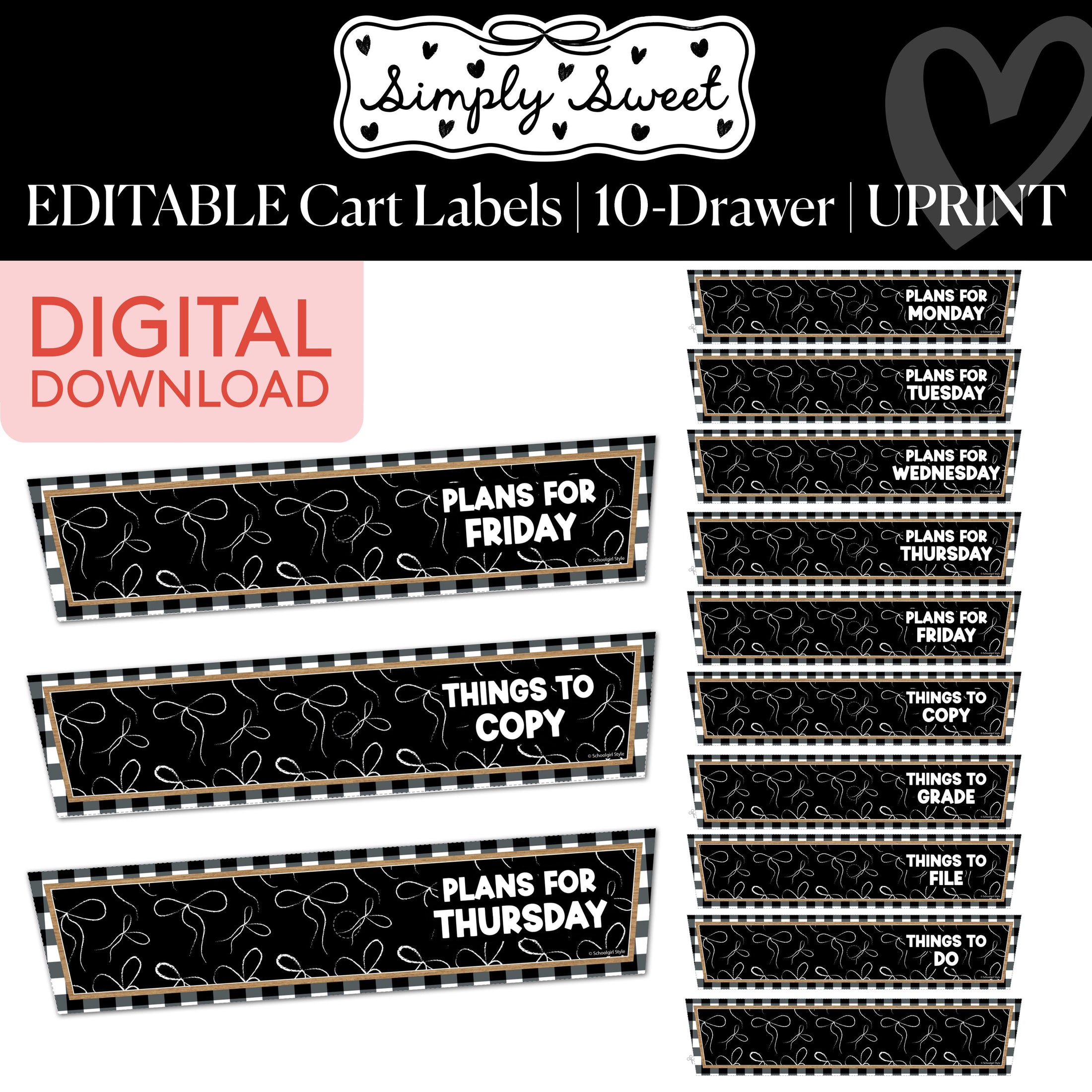 Printable Classic Black and White Editable 10 Drawer Cart Labels | Simply Sweet