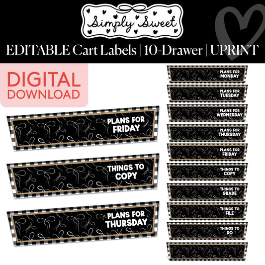 Printable Classic Black and White Editable 10 Drawer Cart Labels | Simply Sweet