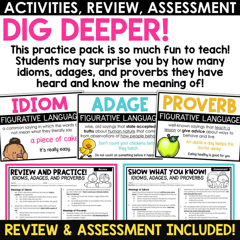Idioms Adages and Proverbs Figurative Language Worksheets Activities Assessment
