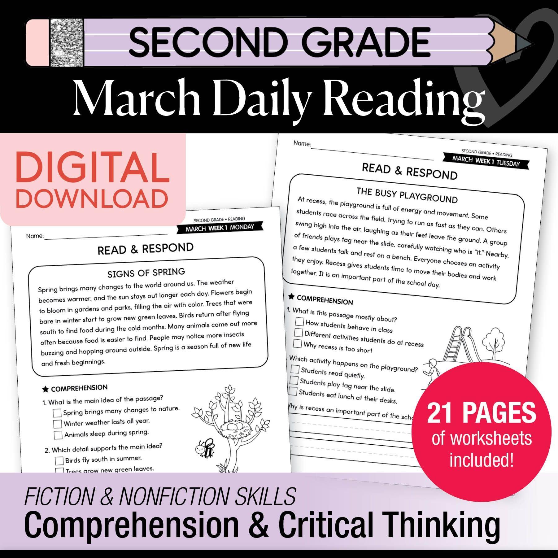 Printable Second Grade March Daily Reading