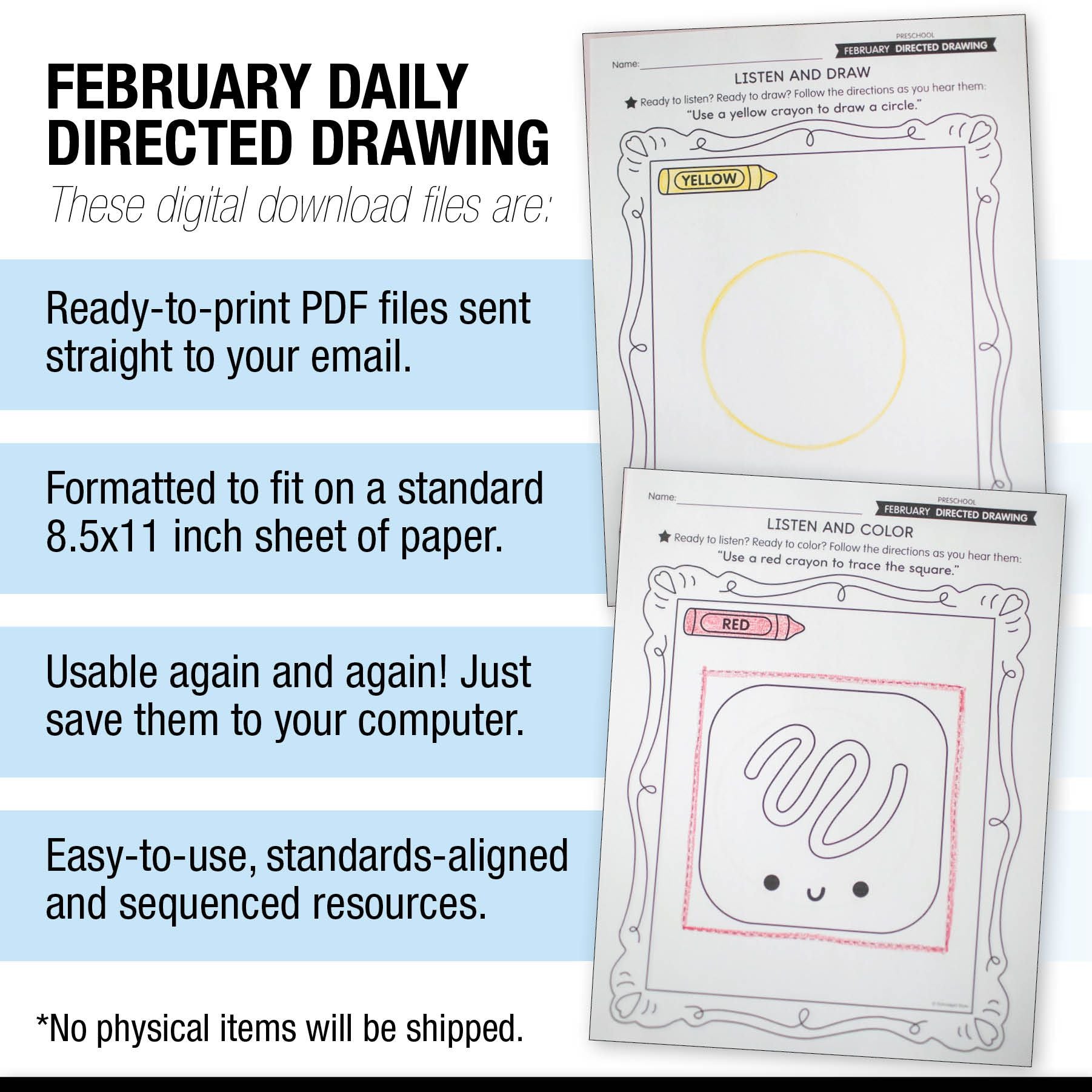 Printable Preschool February Directed Drawing Worksheets