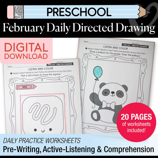 Printable Preschool February Directed Drawing Worksheets