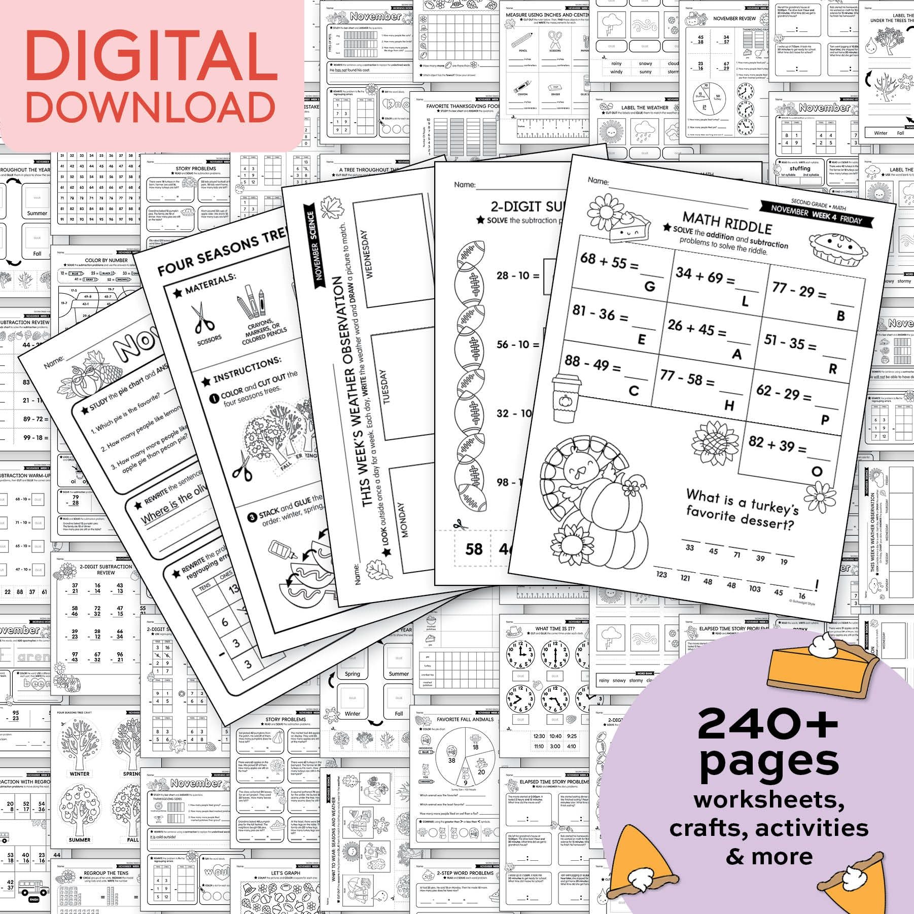 Printable Second Grade November Thematic Unit Bundle