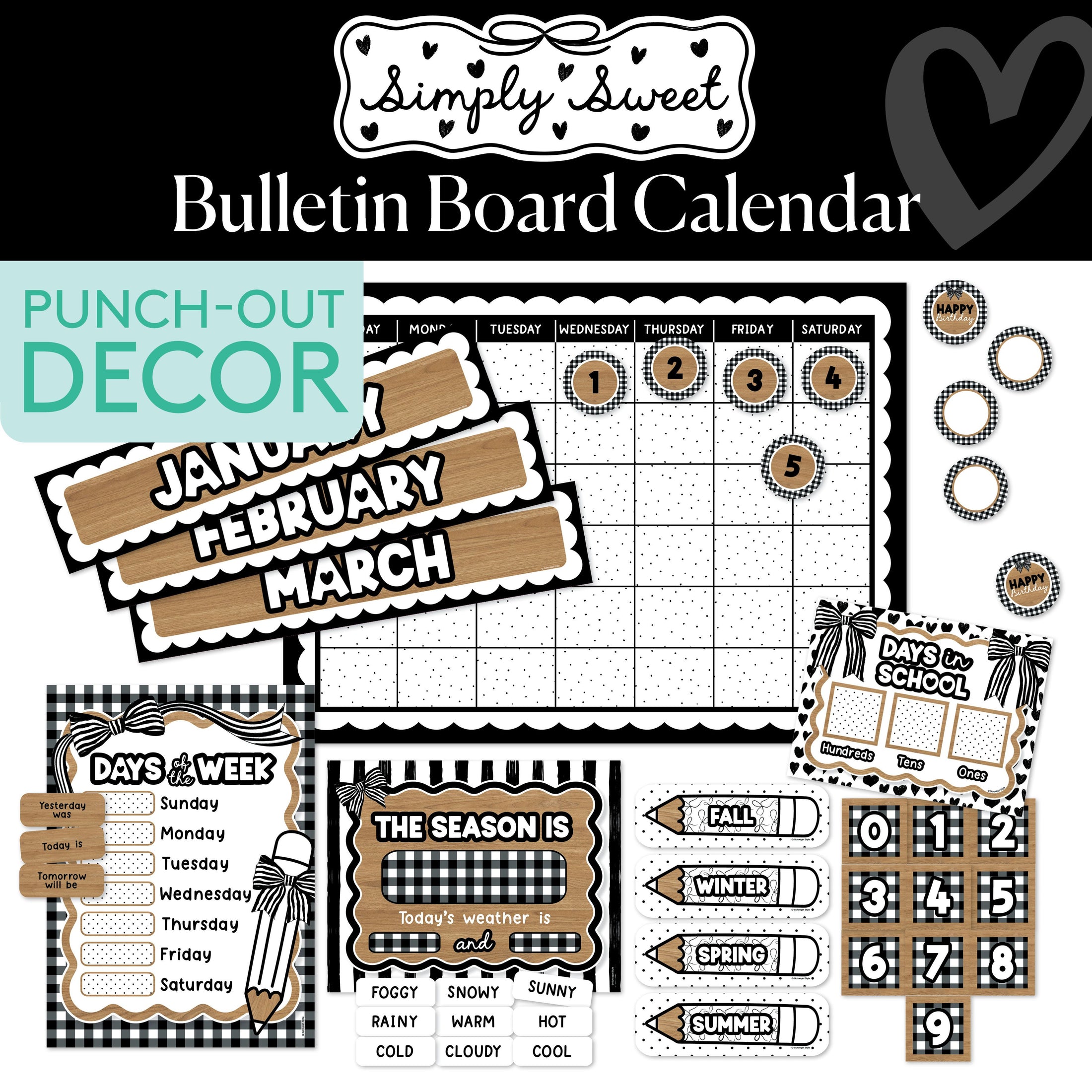 Classic Black and White Calendar Bulletin Board Set | Simply Sweet