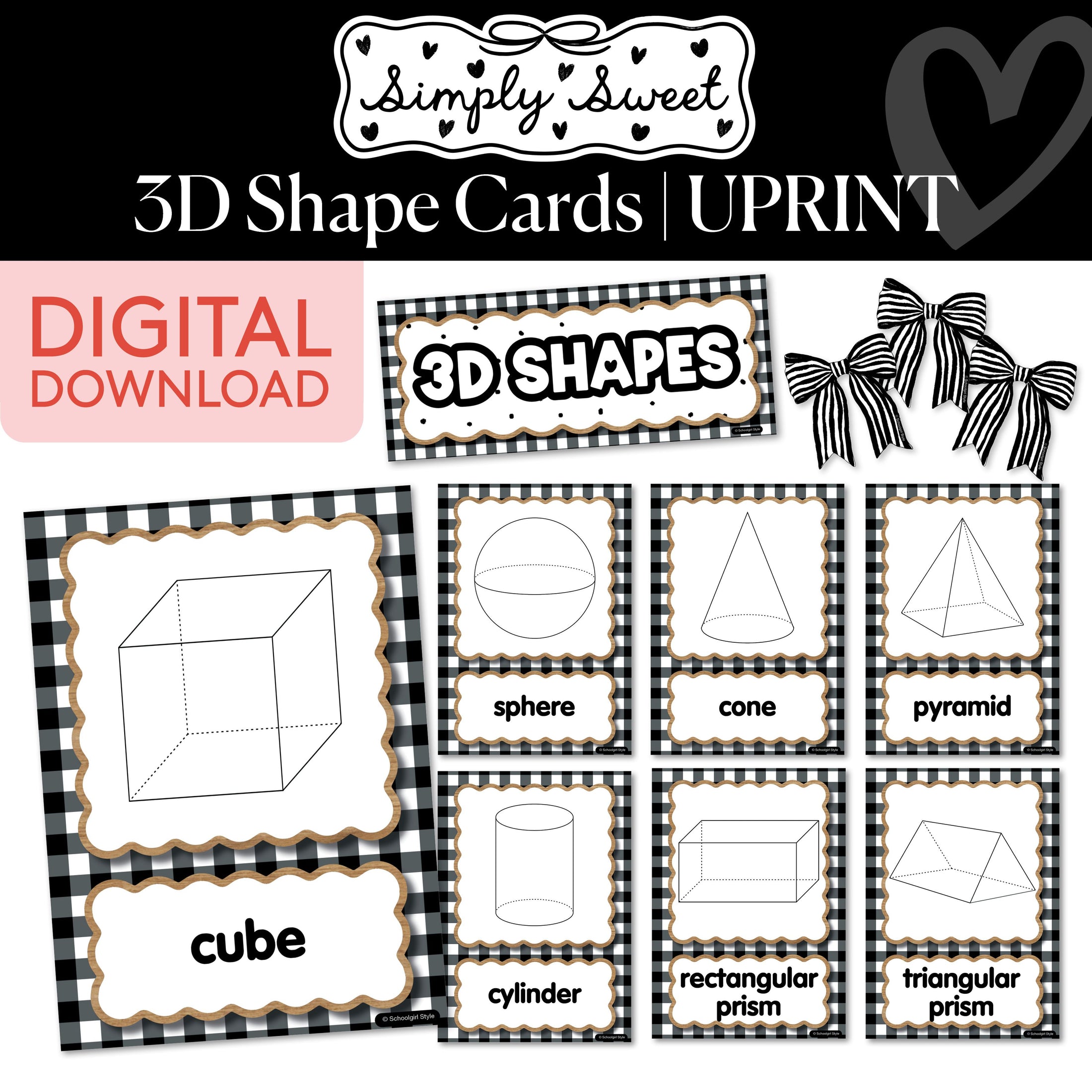Printable Classic Black and White 3D Shape Cards  | Simply Sweet