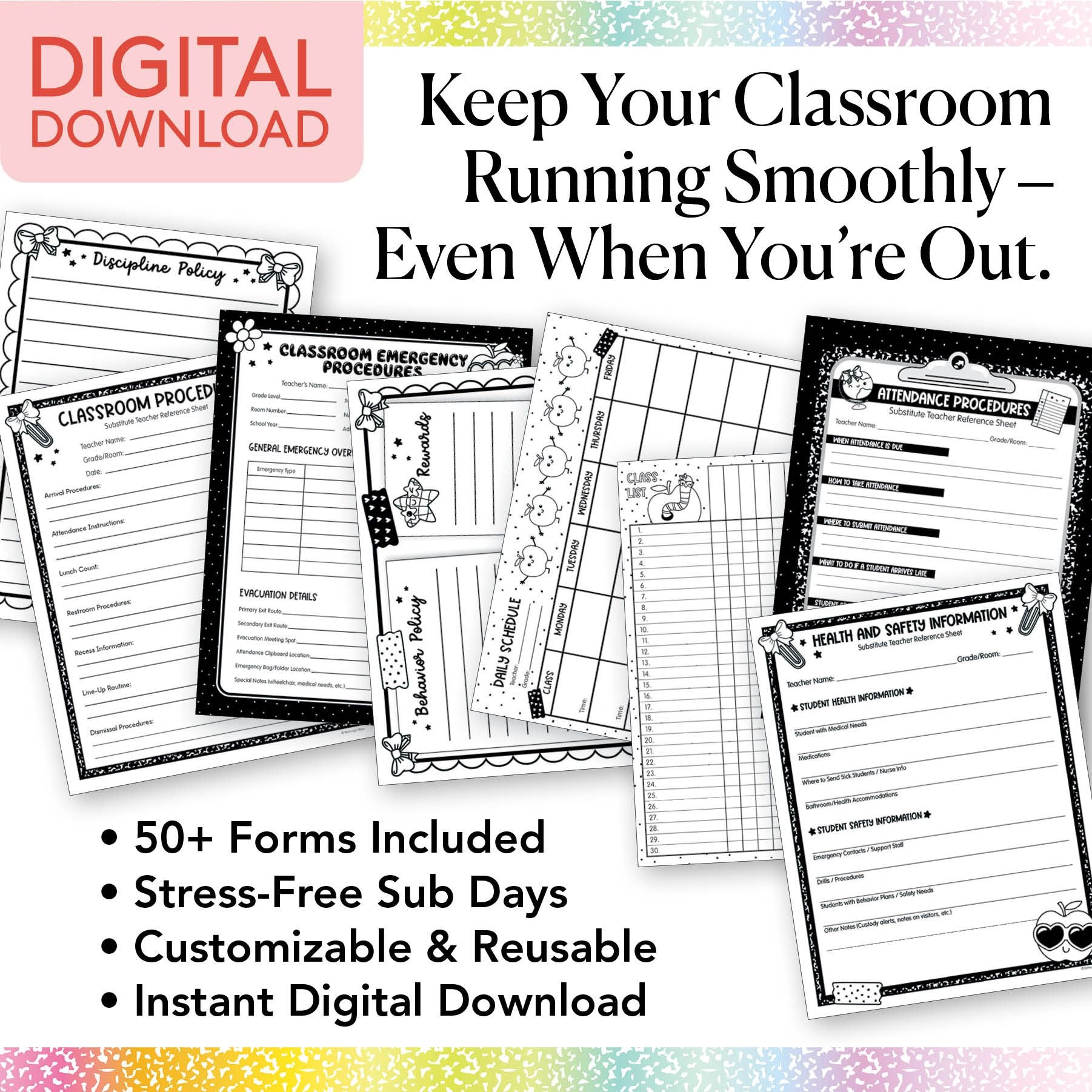 Printable Bright Editable Substitute Teacher Bin and Forms | Emotional Rollercoaster