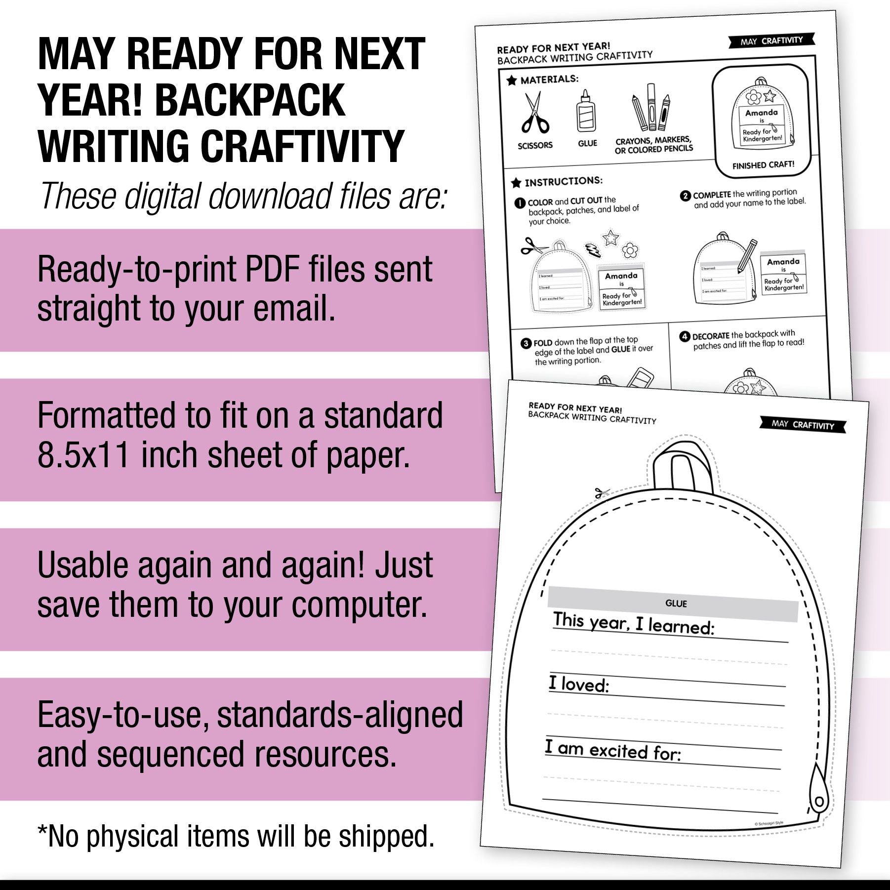 Printable May Ready for Next Year Backpack Writing Craftivity